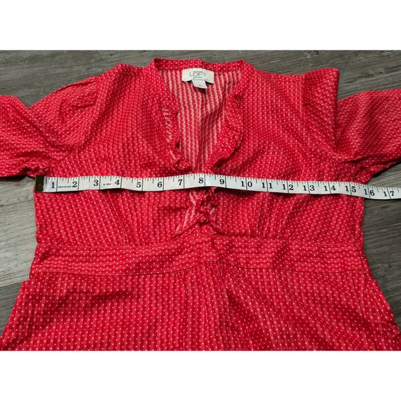 Ann Taylor Loft Red & White Polka Dot Short Sleeve Blouse V Cut & Side Zip - Picture 8 of 9